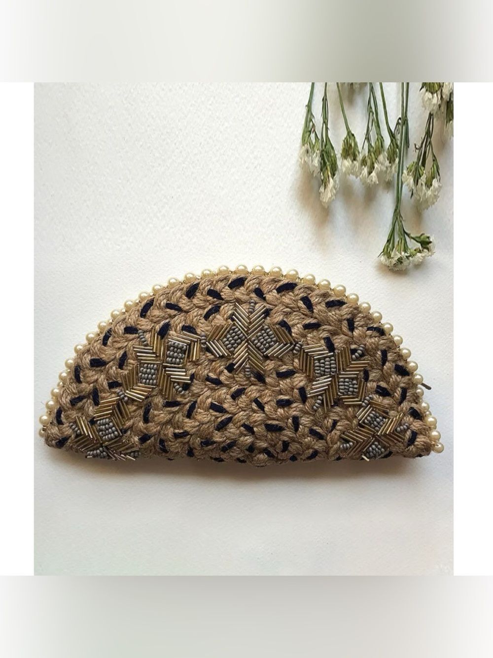 Dhaaga Life / Jaypore Embroidered Jute Half Moon Clutch ~ NWOT - Picture 3 of 5